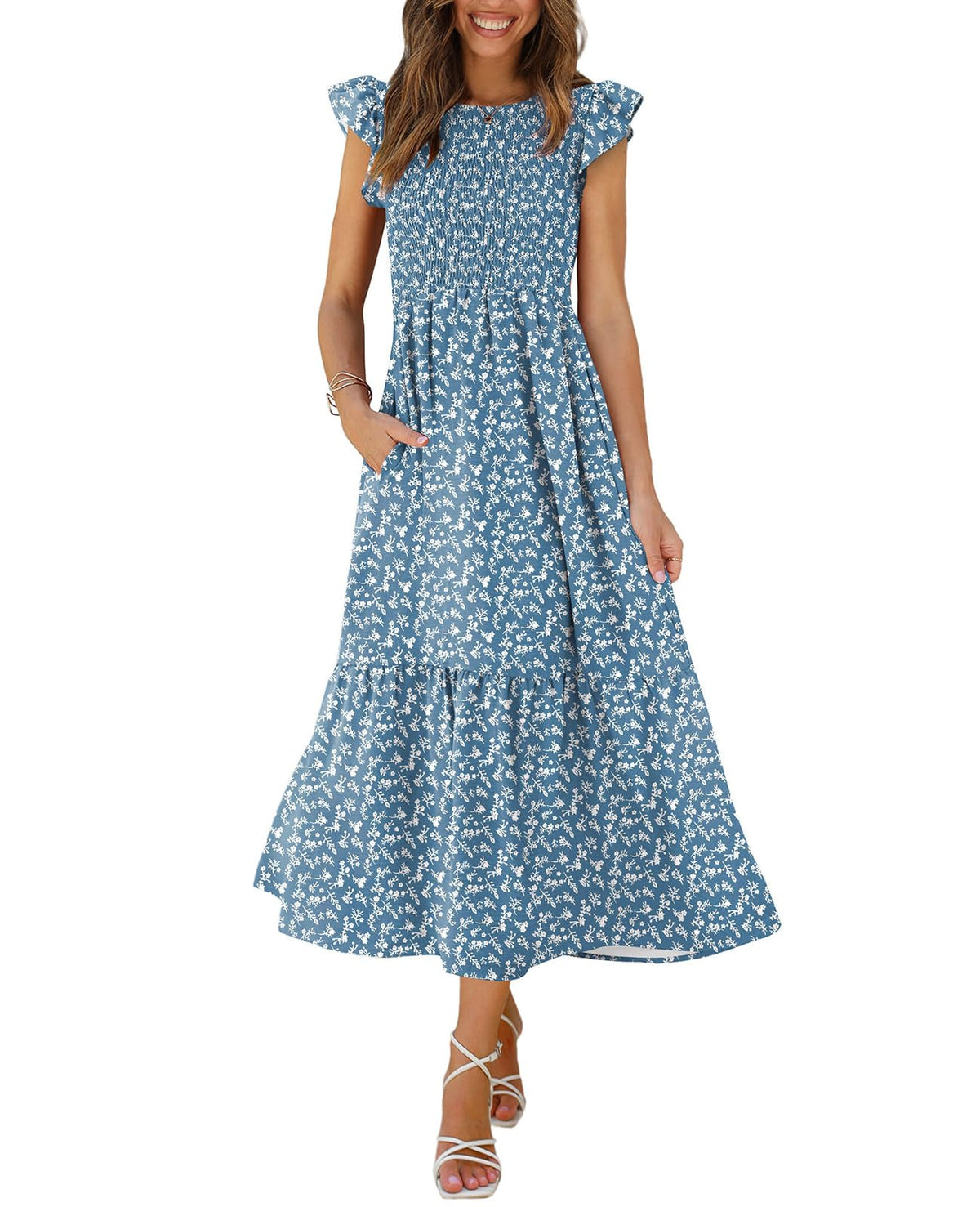 OFEEFAN Women's Casual Maxi Dresses with Pockets Ruffle Sleeve Smocked Dress XS-2XL