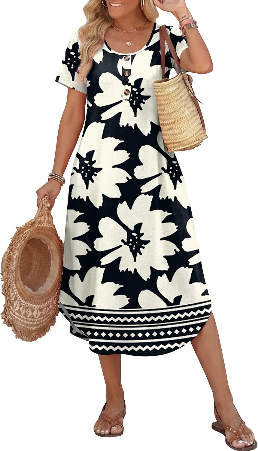OFEEFAN Summer Dresses for Women 2026 Casual Midi Dresses Beach Vacation Outfits Tshirt Dress with Pockets Resort Wear