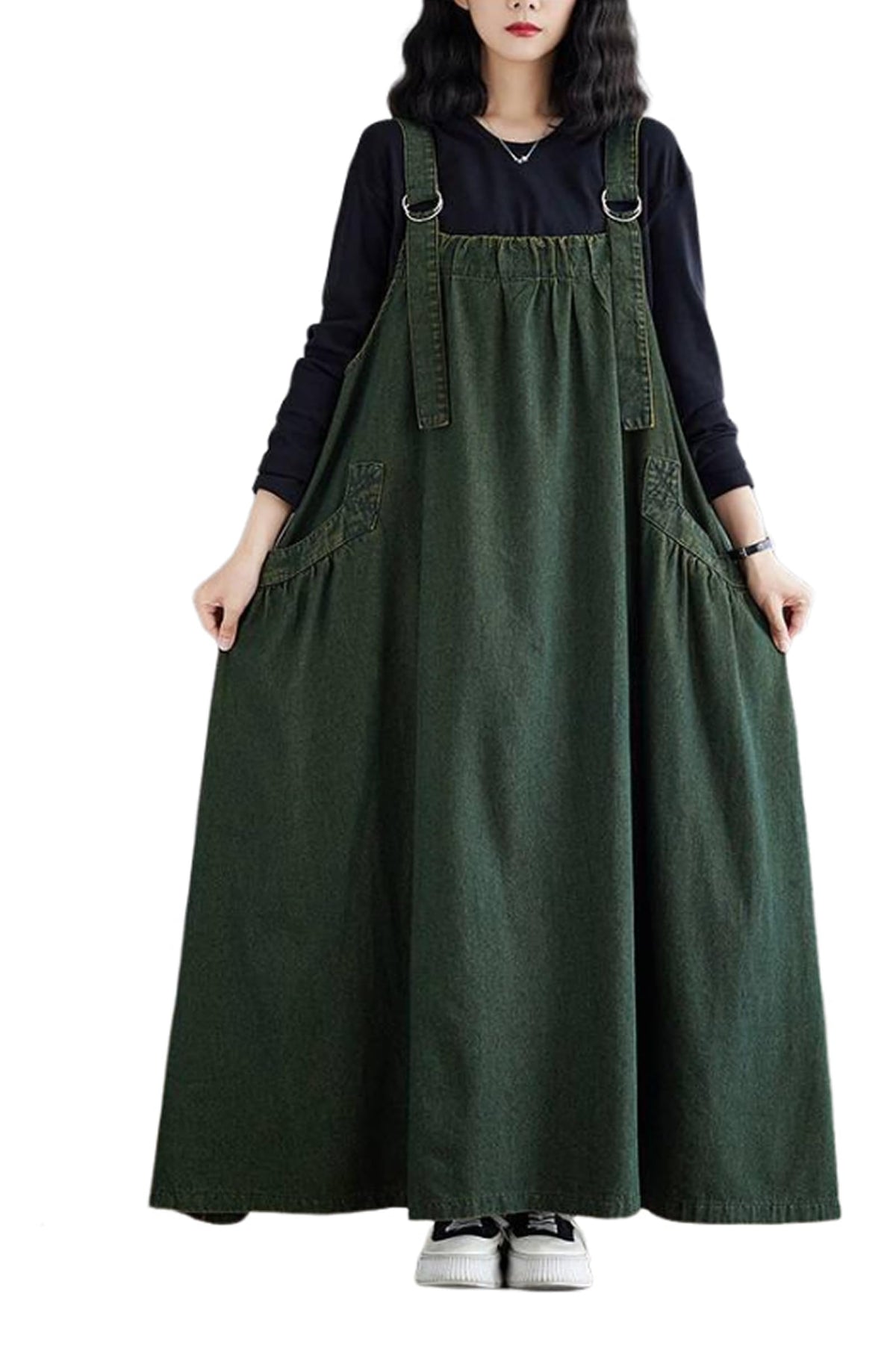 Women's Casual Loose Denim Dress Sleeveless Adjustable Straps Denim Jumper Dress with Pockets