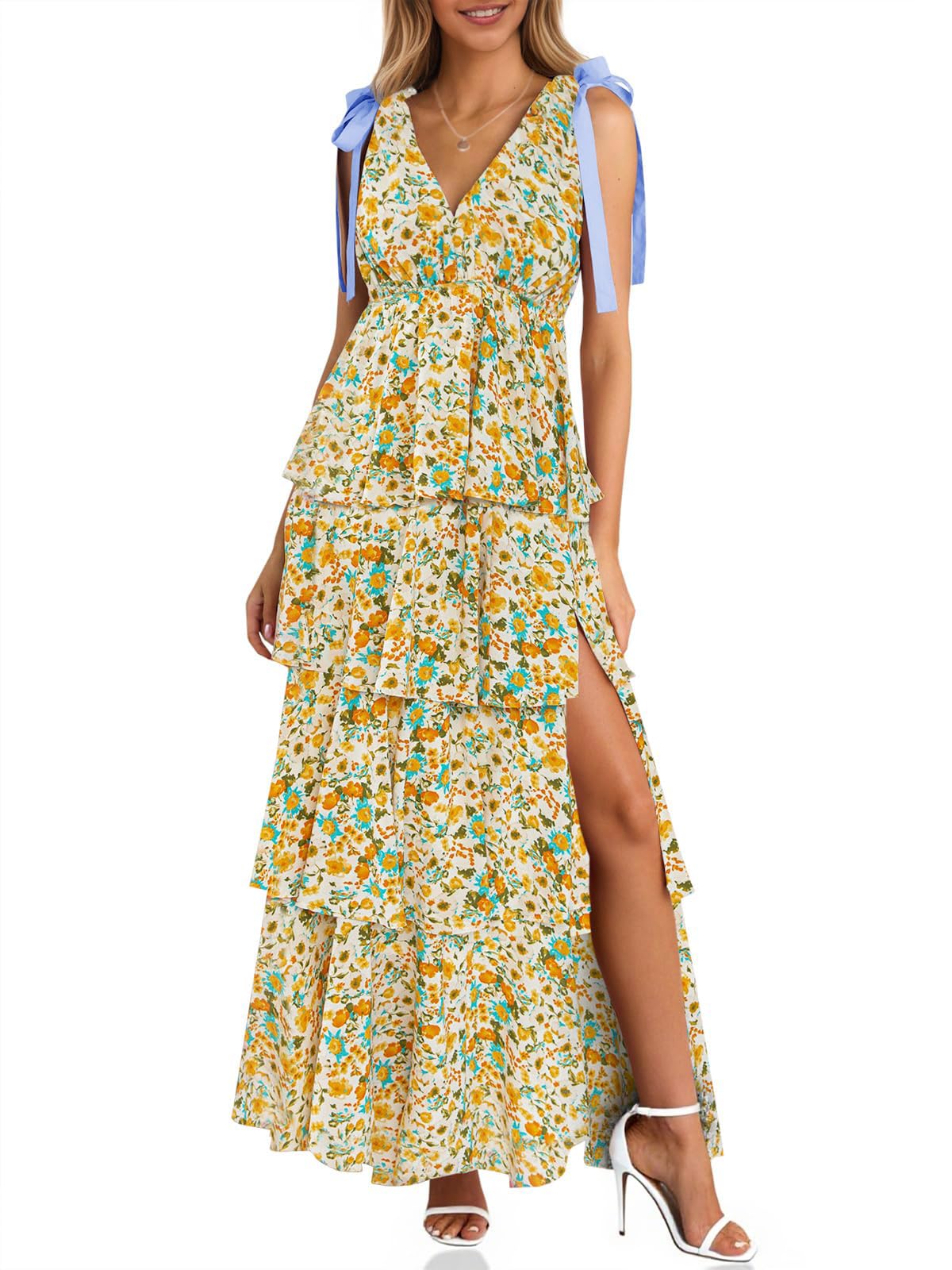 Wenrine Womens Elegant Wedding Guest Dress Floral Ruffle Maxi Dresses