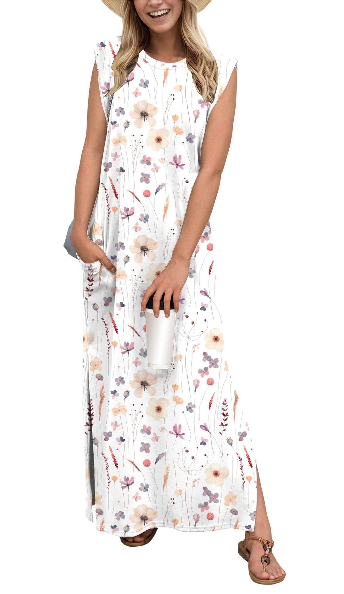 GRECERELLE 2026 Women Year-Round Casual Round Neck Loose Split Wrinkle-Free Long Maxi Vacation Dress with Pockets (XXS-4XL)