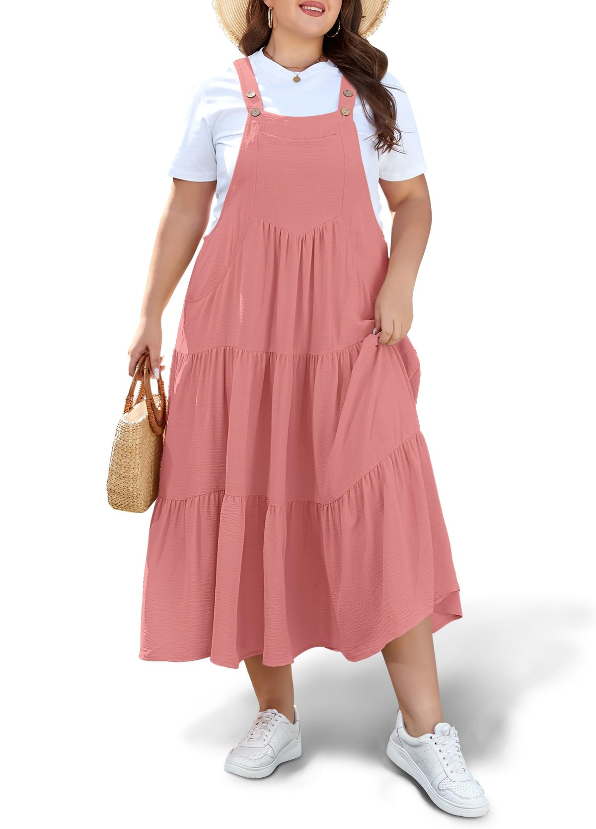 Moon Wood Plus Size Overall Dress for Women Summer Casual Maxi Dresses Jumper Dresses with Pockets Adjustable Straps