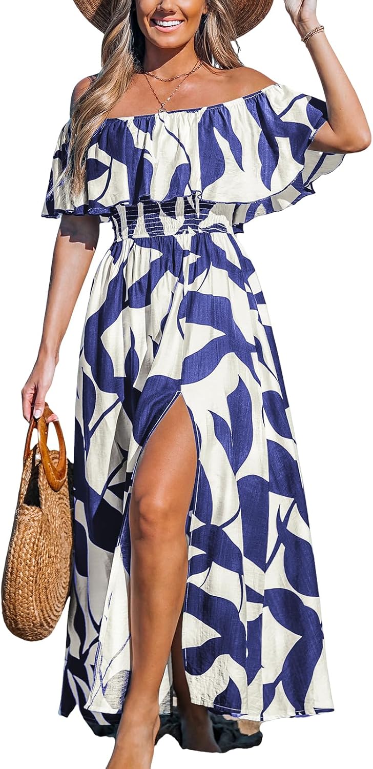 CUPSHE Womens Ruffle Floral Maxi Summer Dress Off Shoulder Beach Dress