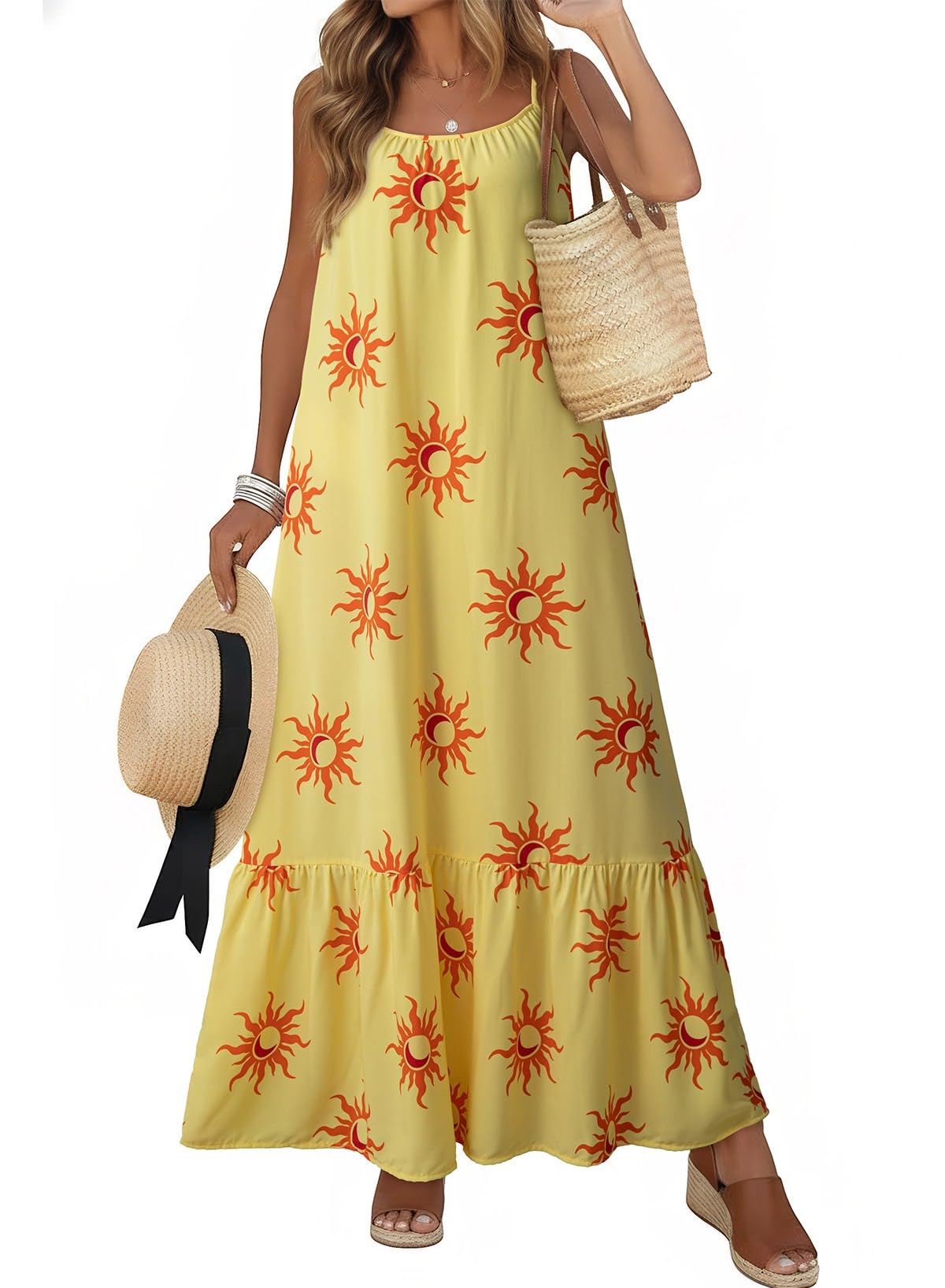 Dokotoo Women Summer Dresses Scoop Neck Ruffle Flowy Boho Maxi Dress