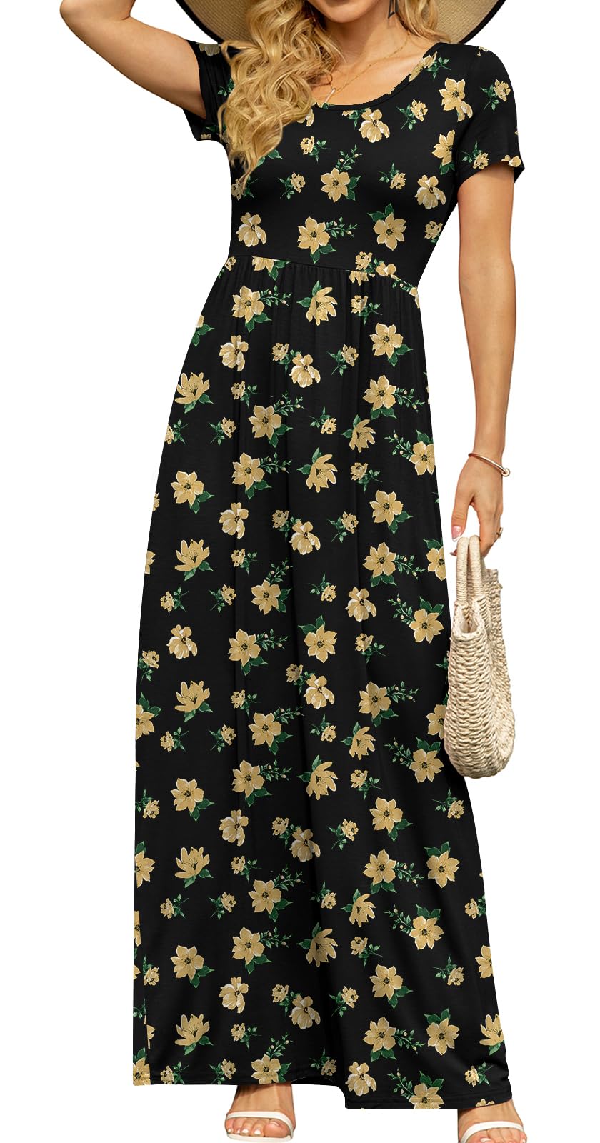 DB MOON Women's Summer Maxi Dress Casual Short Sleeve Empire Waist Pockets