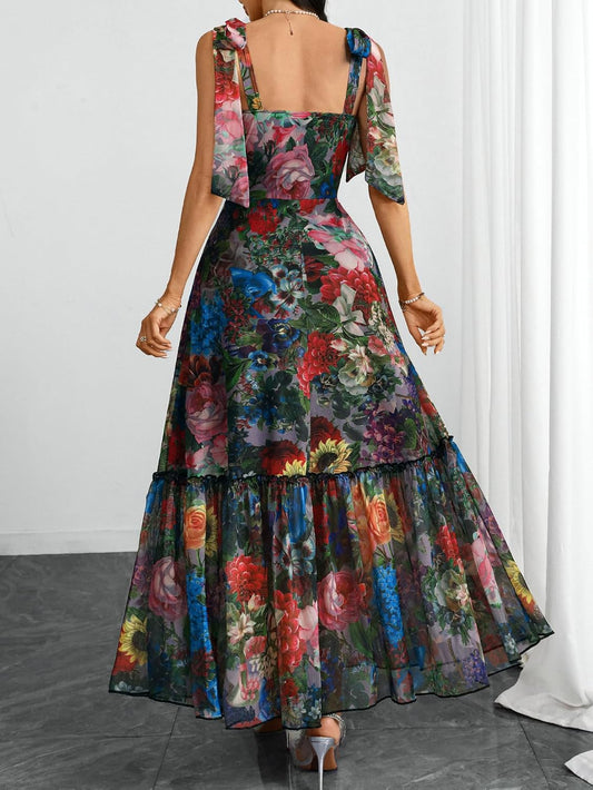 GothDark Women Floral Maxi Dress Ruffle Casual Wedding Guest Dresses