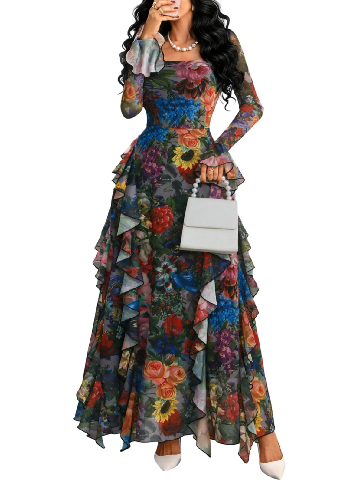 GothDark Women's Floral Dress Long Sleeve Square Neck Ruffle Party Outfit