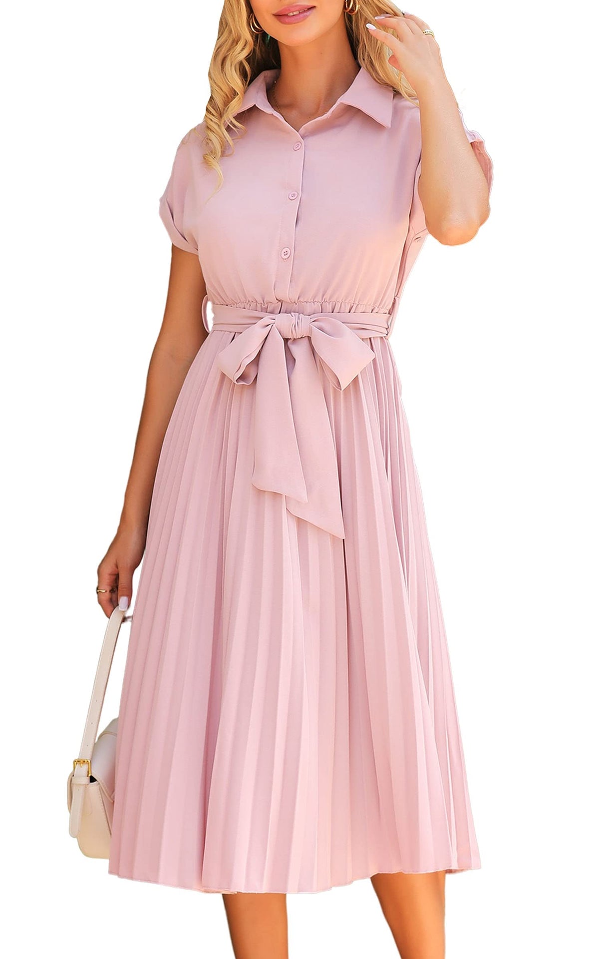 ECOWISH Womens Casual Midi Dresses Solid V Neck Short Sleeve Button Shirt Belted Dress with Pockets for Spring Summer 2026