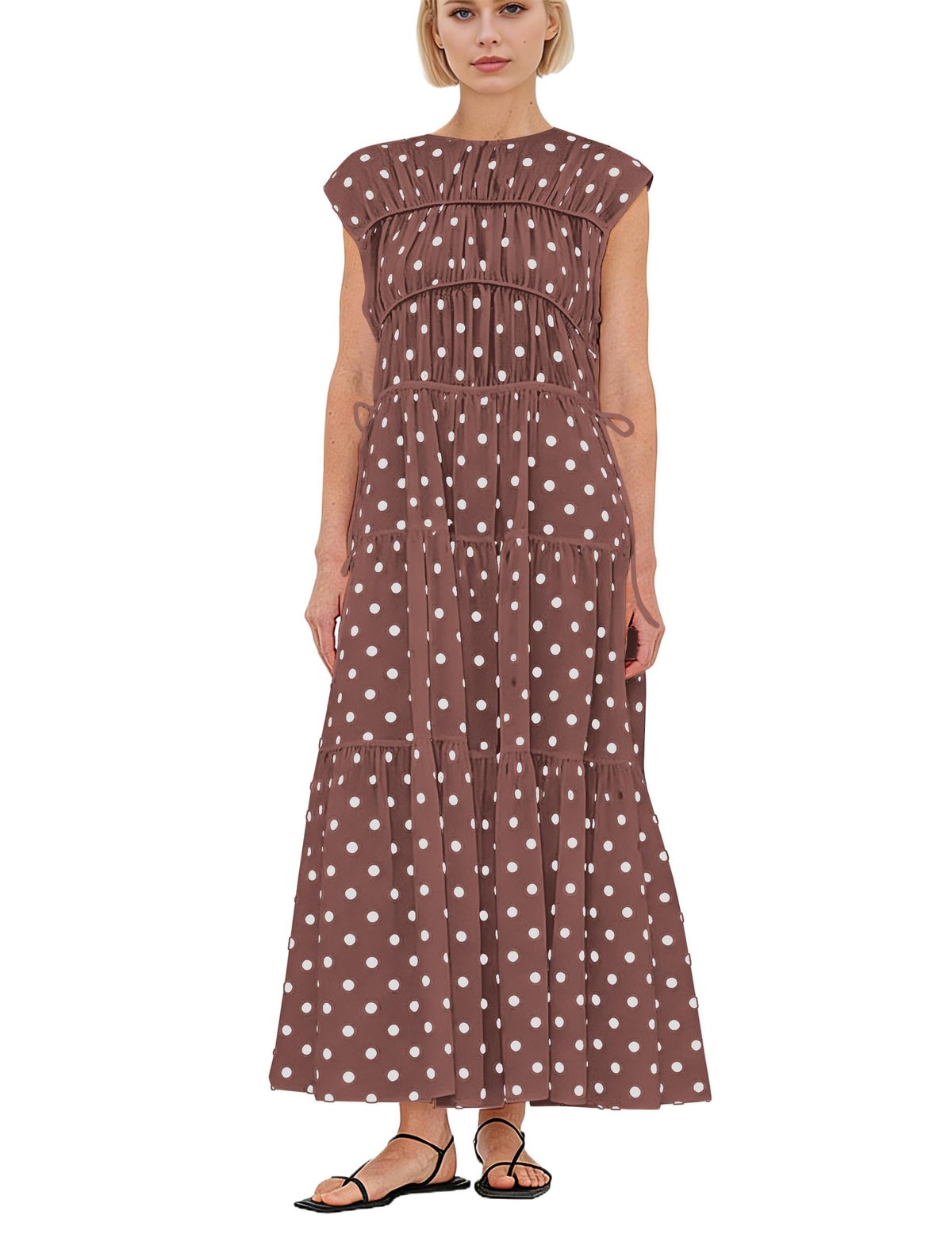 calbatic Women Pleated Ruched Tiered Maxi Dress Sleeveless Patchwork Ruffle Hem A Line Flowy Summer Elegant Long Dress