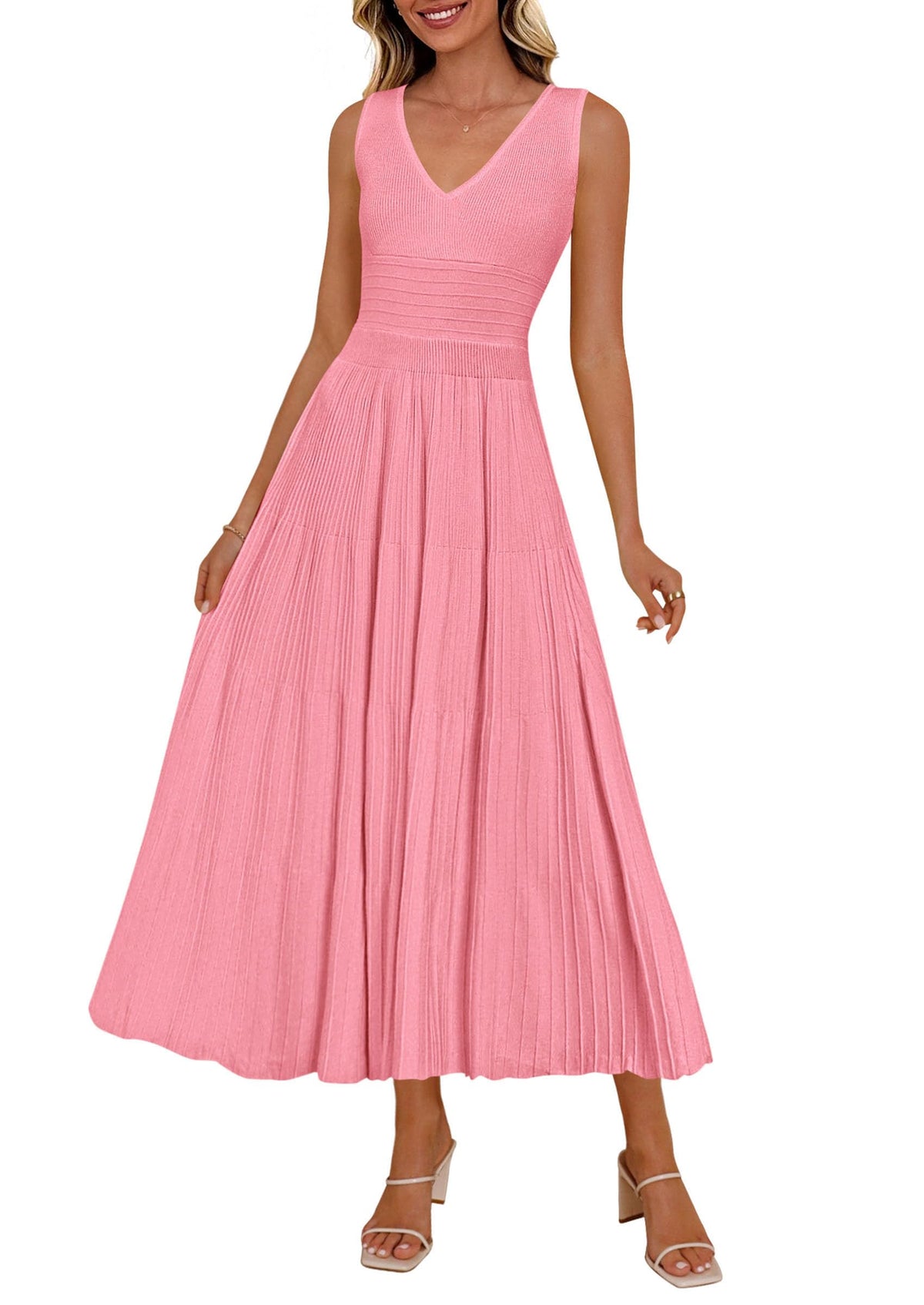 PRETTYGARDEN Women's Summer V Neck Pleated Midi Dress