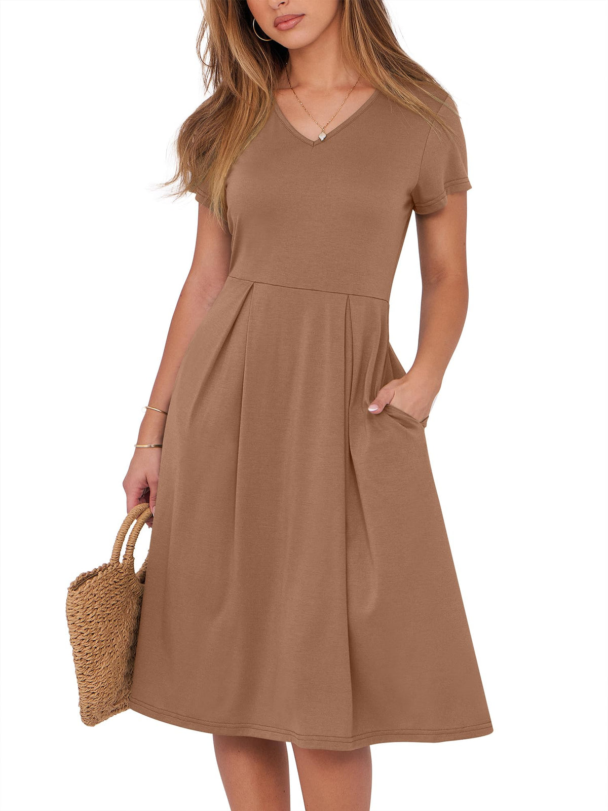 ANRABESS Women Summer Dress Casual Short Sleeve V Neck A-Line Knee Length Pleated Flowy 2026 Fashion Midi Dresses with Pocket