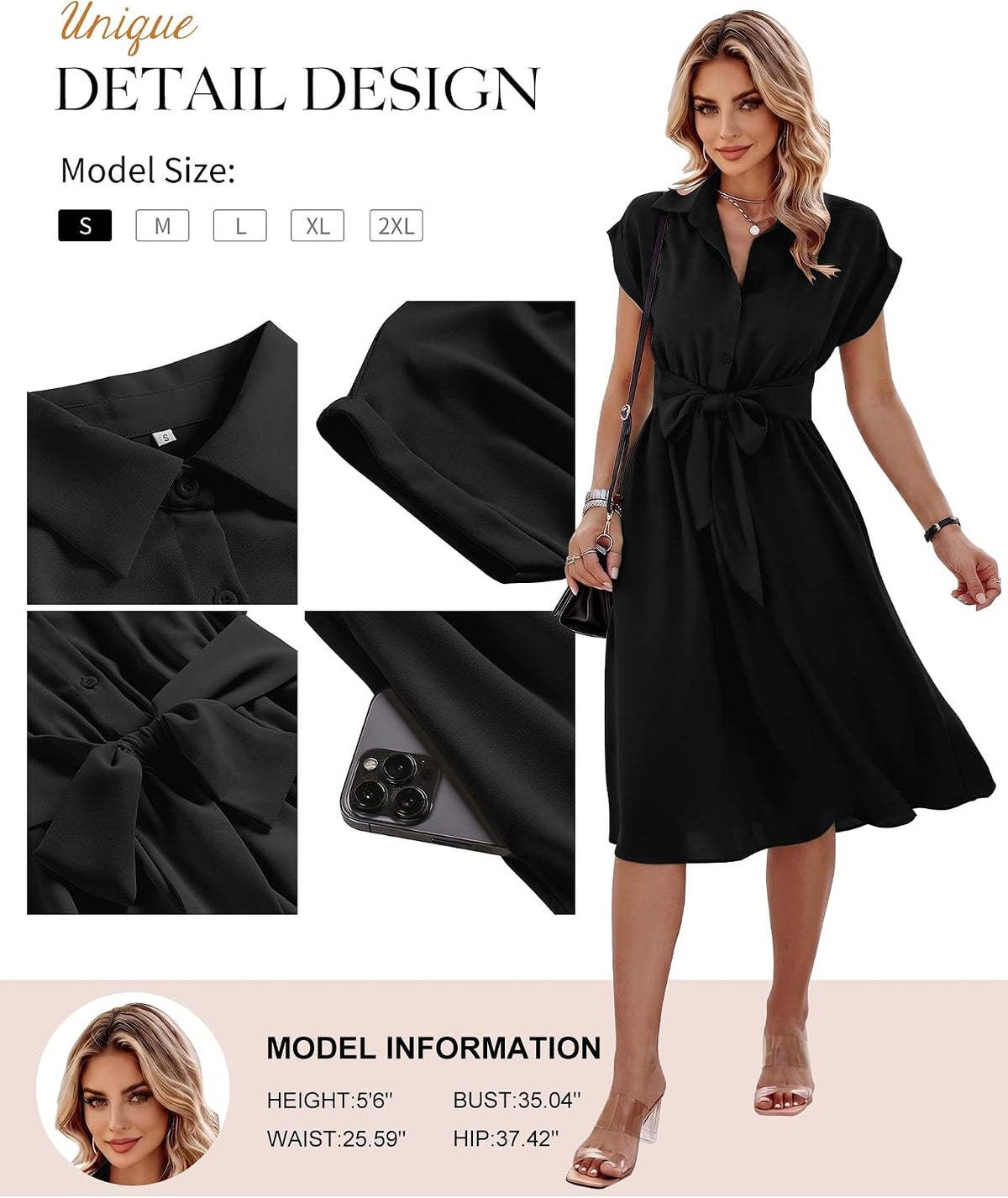 ECOWISH Womens Casual Midi Dresses Solid V Neck Short Sleeve Button Shirt Belted Dress with Pockets for Spring Summer 2026