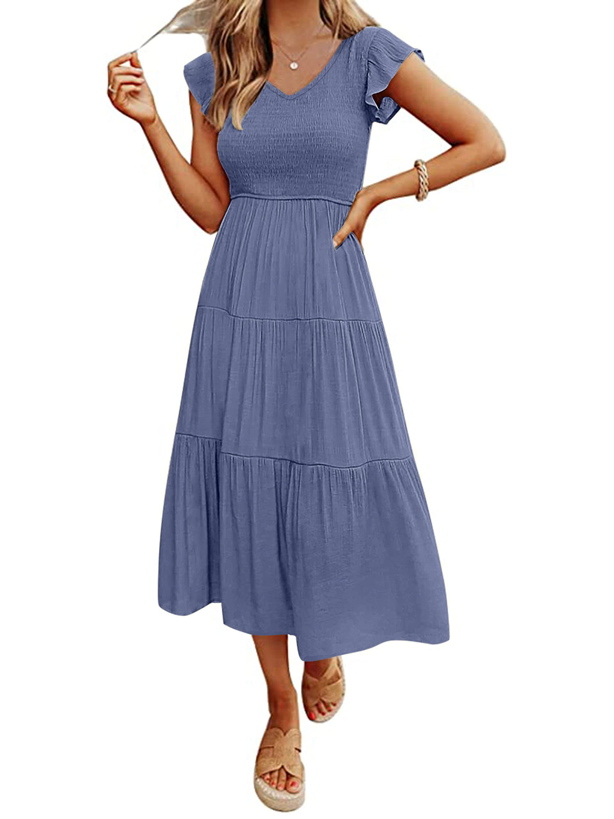 MEROKEETY Women's Summer 2026 Flutter Sleeve Smocked Casual Midi Dress