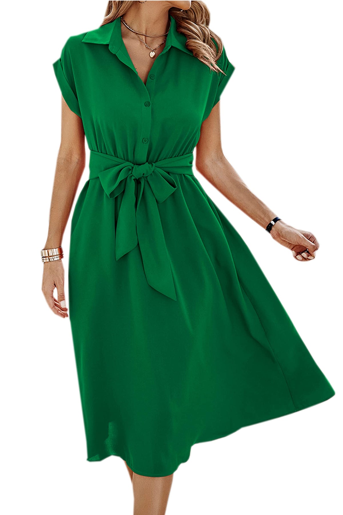 ECOWISH Womens Casual Midi Dresses Solid V Neck Short Sleeve Button Shirt Belted Dress with Pockets for Spring Summer 2026