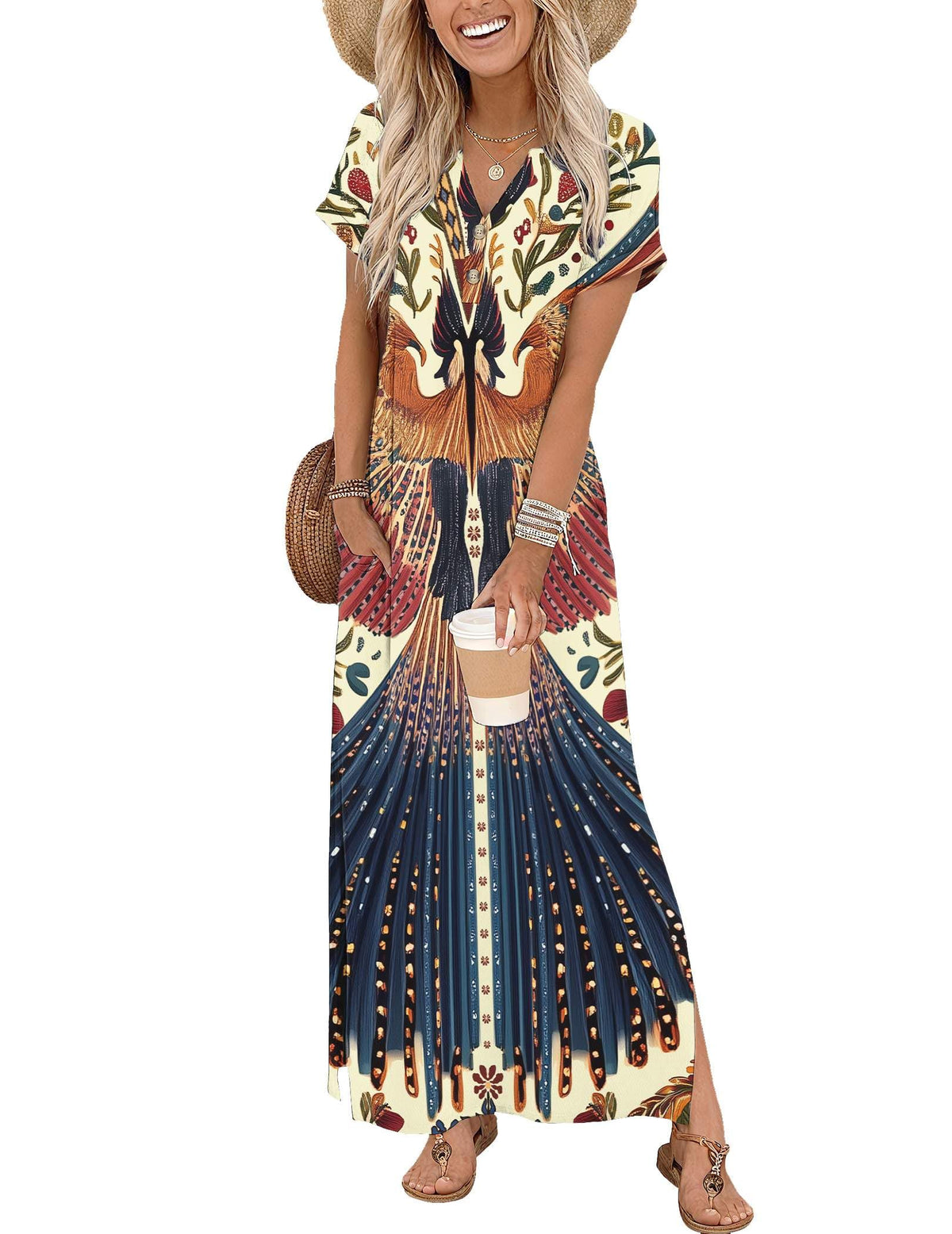 Zeagoo Summer Dresses for Women 2026 Maxi Dresses Vacation Sundress Short Sleeve Casual Sundresses Split Dress with Pockets