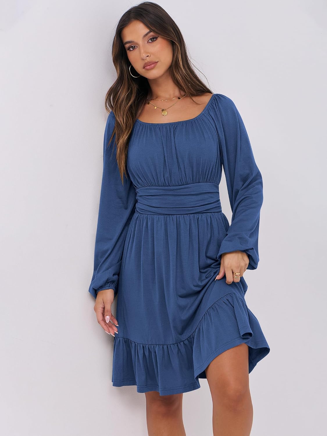 ANRABESS Women Long Lantern Sleeve Square Neck Fall Short Dress