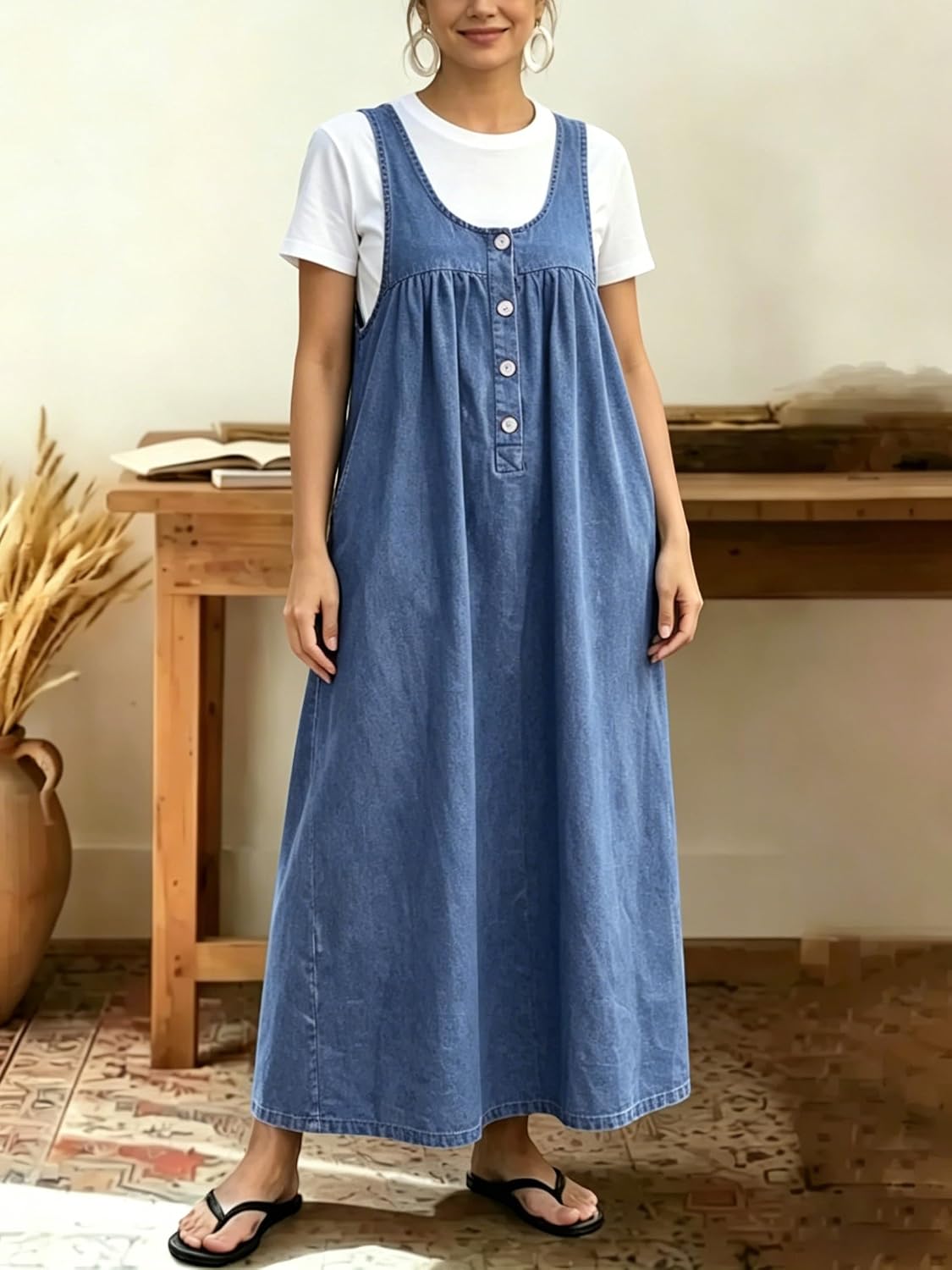 chouyatou Women's Pullover Denim Overall Dress Mid Long Button Front Pinafore Bib Jean Dress With Pockets