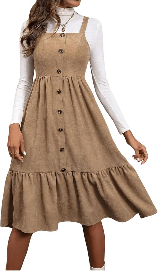 WDIRARA Women's Button Front Sleeveless Ruffle Hem Pinafore Dress Corduroy Jumper Dress