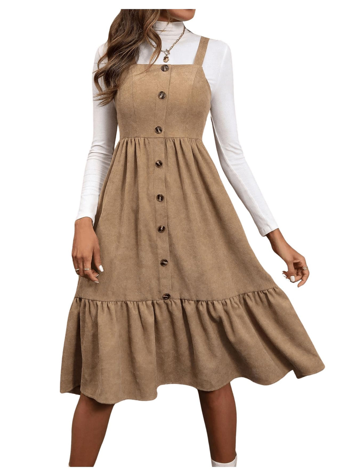 WDIRARA Women's Button Front Sleeveless Ruffle Hem Pinafore Dress Corduroy Jumper Dress