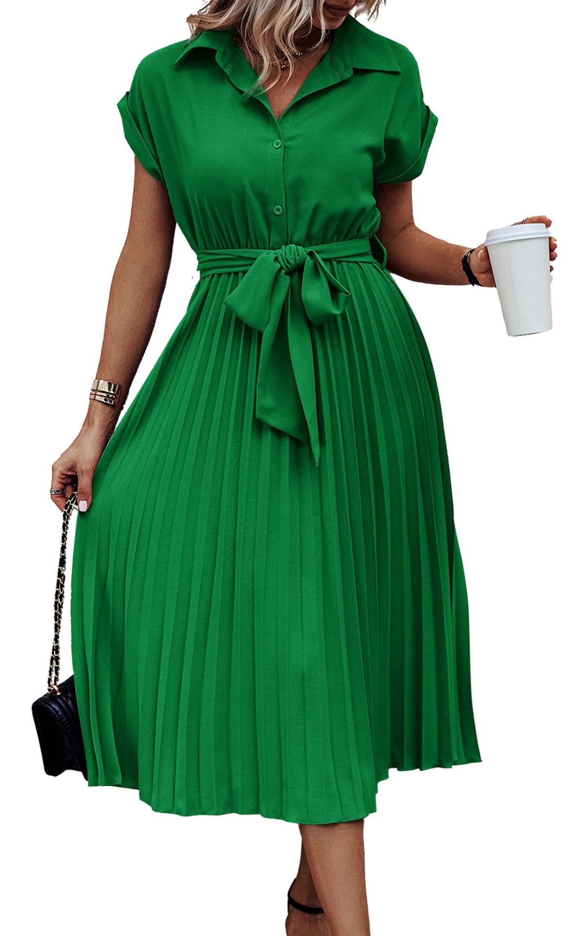 ECOWISH Womens Casual Midi Dresses Solid V Neck Short Sleeve Button Shirt Belted Dress with Pockets for Spring Summer 2026