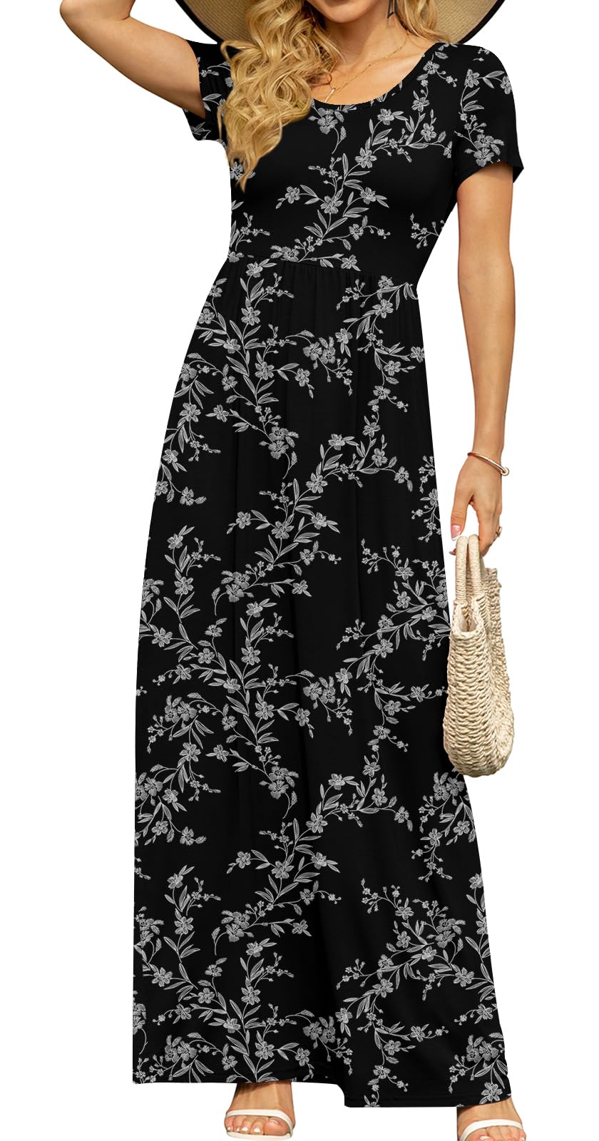 DB MOON Women's Summer Maxi Dress Casual Short Sleeve Empire Waist Pockets