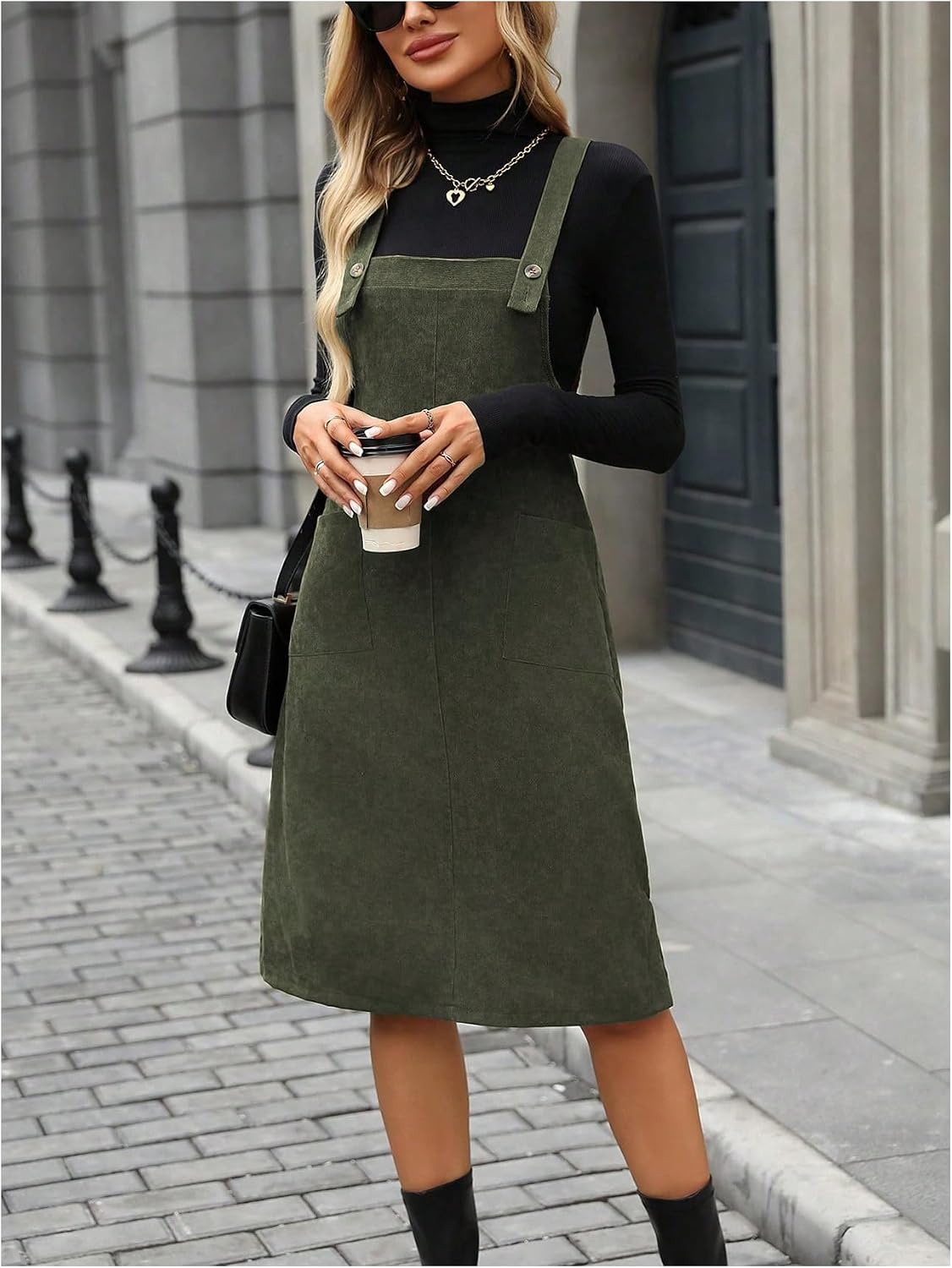 SOLY HUX Women's Sleeveless Corduroy Overall Dress Knee Length Dresses