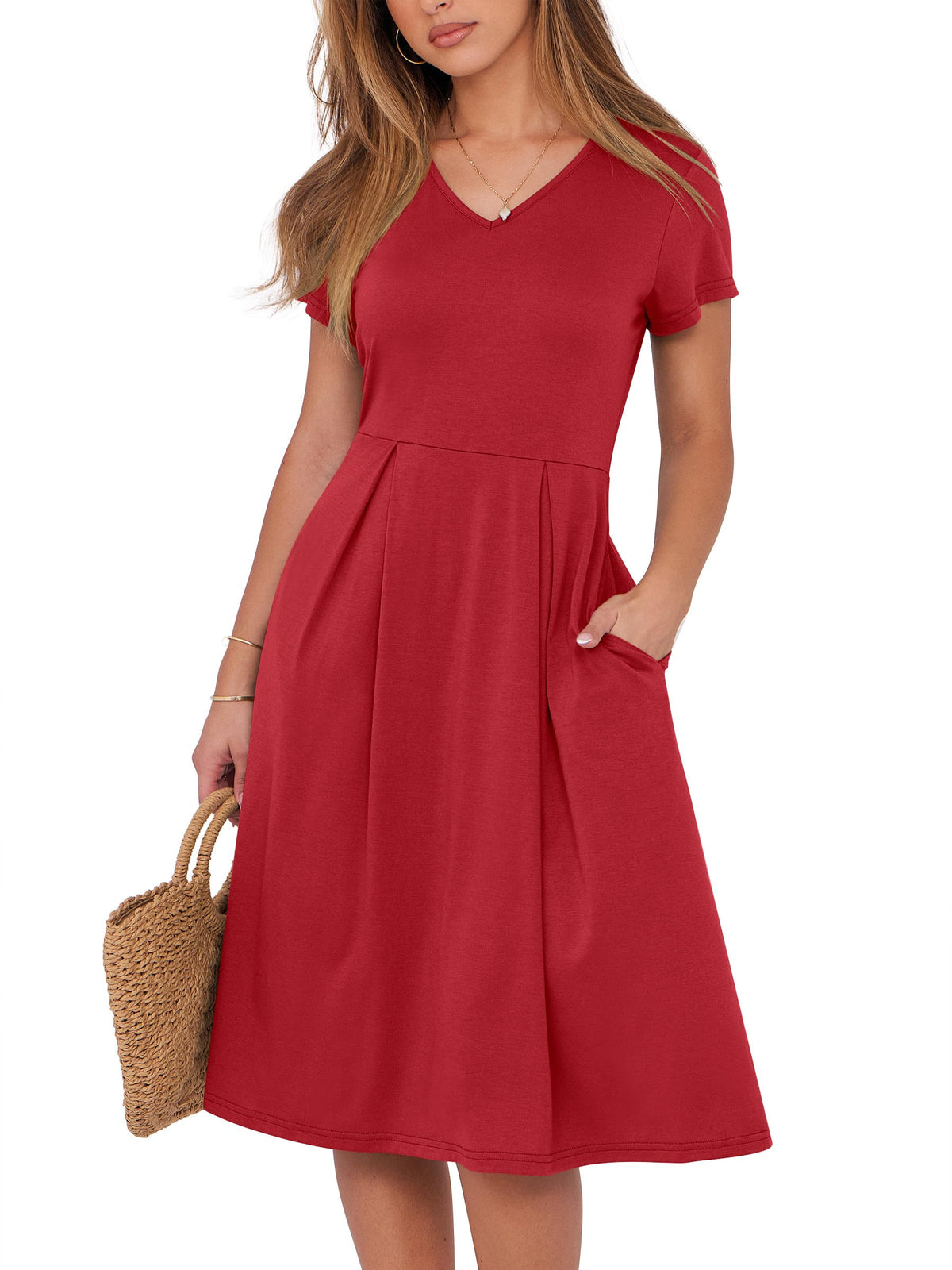ANRABESS Women Summer Dress Casual Short Sleeve V Neck A-Line Knee Length Pleated Flowy 2026 Fashion Midi Dresses with Pocket