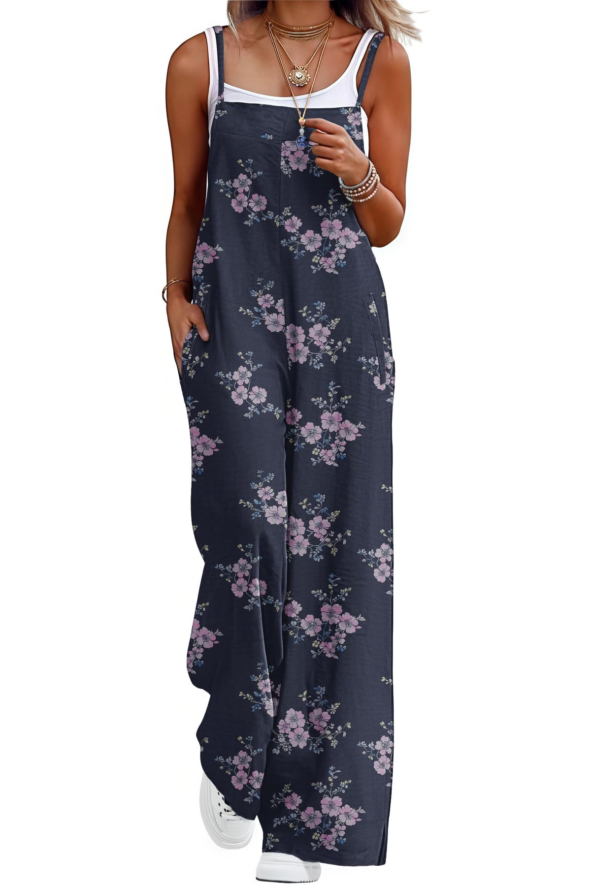 Lepunuo Womens Casual Loose Jumpsuits Summer Boho Wide Leg Rompers Sleeveless Overalls with Pockets
