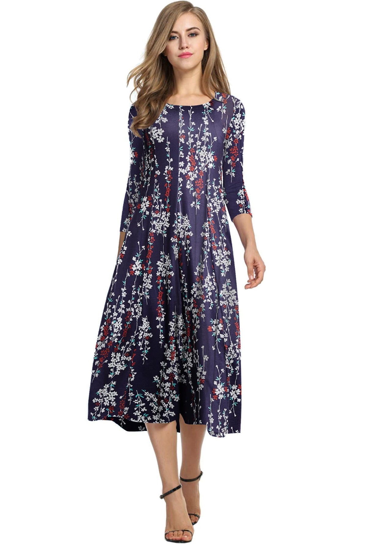 HOTOUCH Women's 3/4 Sleeve A-line and Flare Midi Long Dress