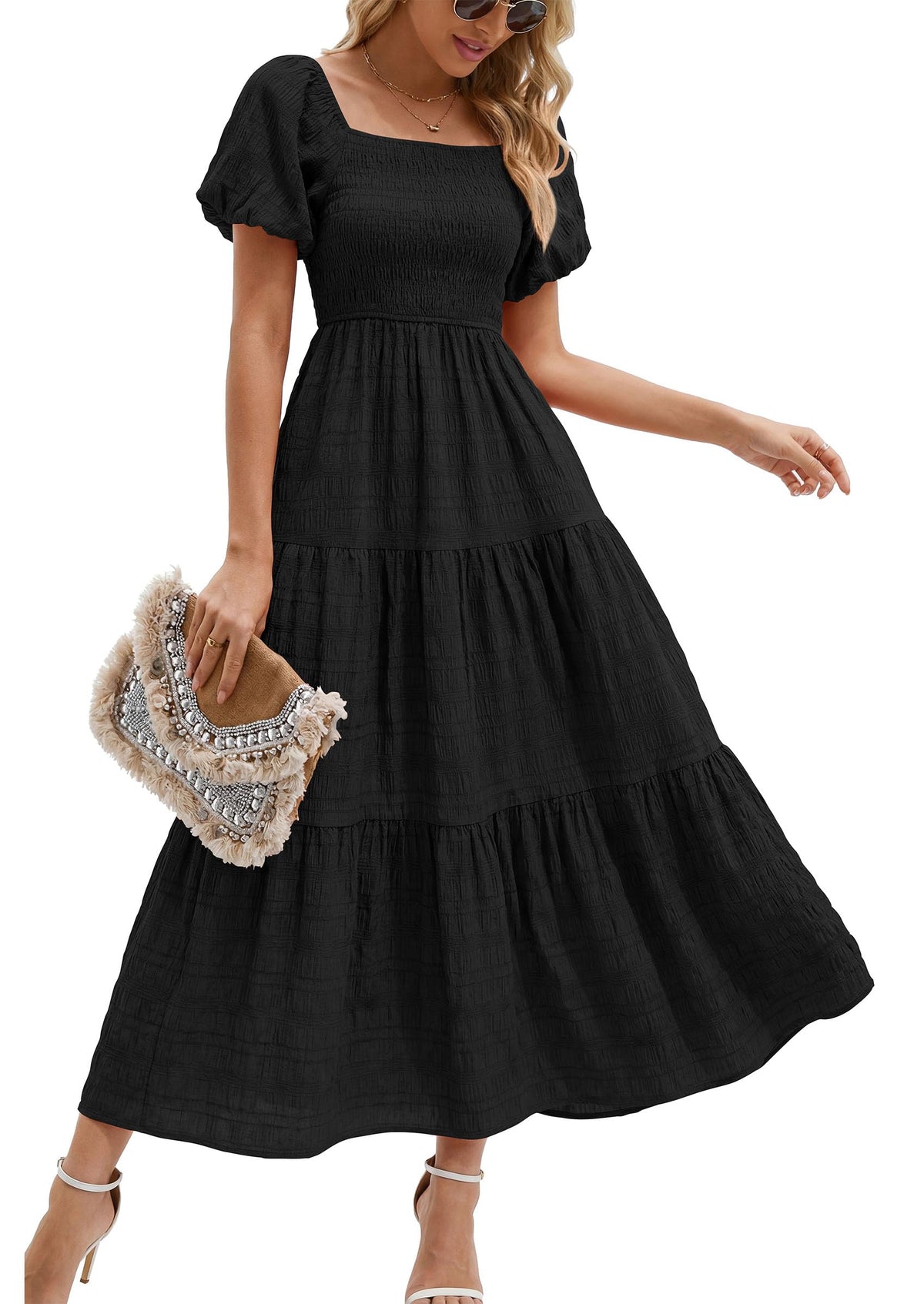 PRETTYGARDEN Womens Puff Short Sleeve Maxi Dress
