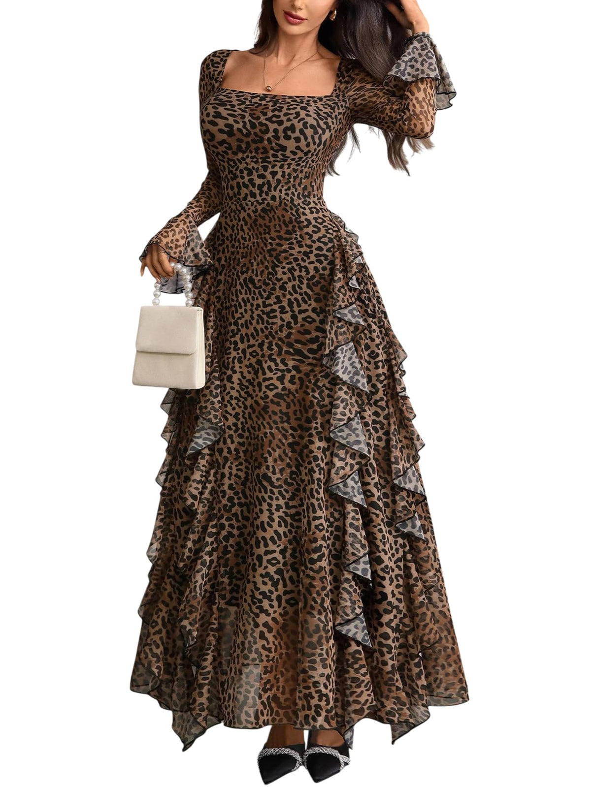 GothDark Women's Floral Dress Long Sleeve Square Neck Ruffle Party Outfit