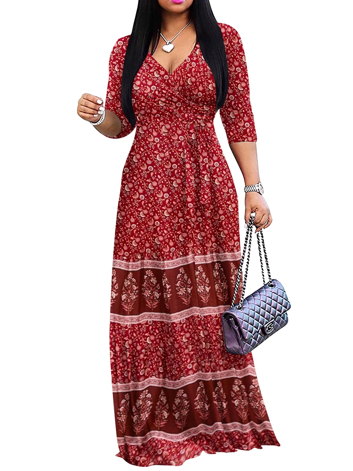 Yajedo Womens Casual Summer Maxi Dress Plus Size Sexy Wrap V Neck 3/4 Sleeve Sundress with Pockets