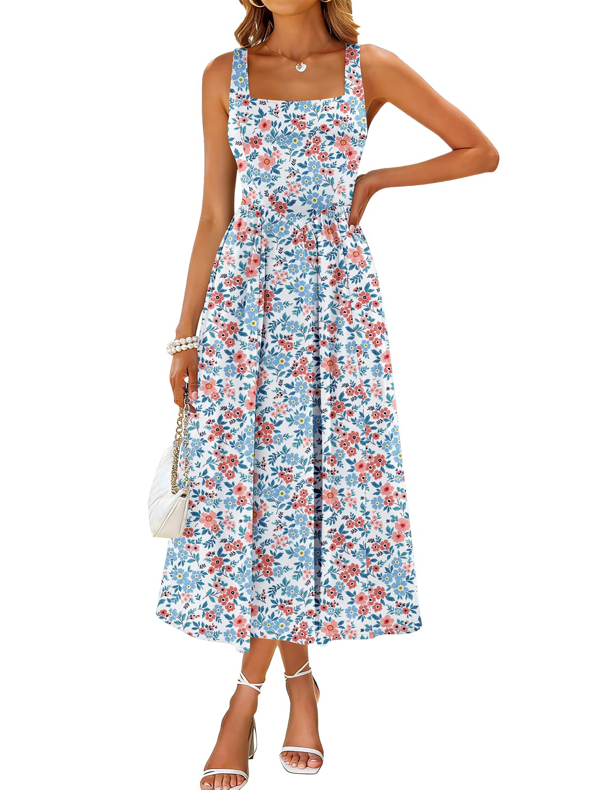 Sureple Midi Dresses for Women 2026 Spring Square Neck Tank Sleeveless A Line Casual Summer Sundresses with Pockets