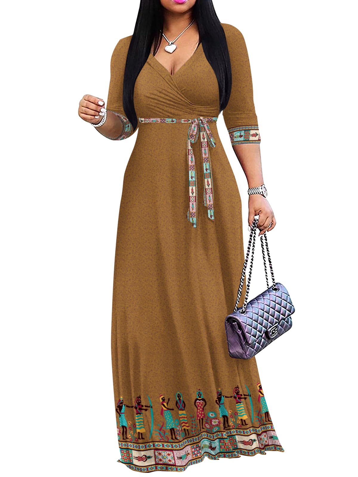 Yajedo Womens Casual Summer Maxi Dress Plus Size Sexy Wrap V Neck 3/4 Sleeve Sundress with Pockets