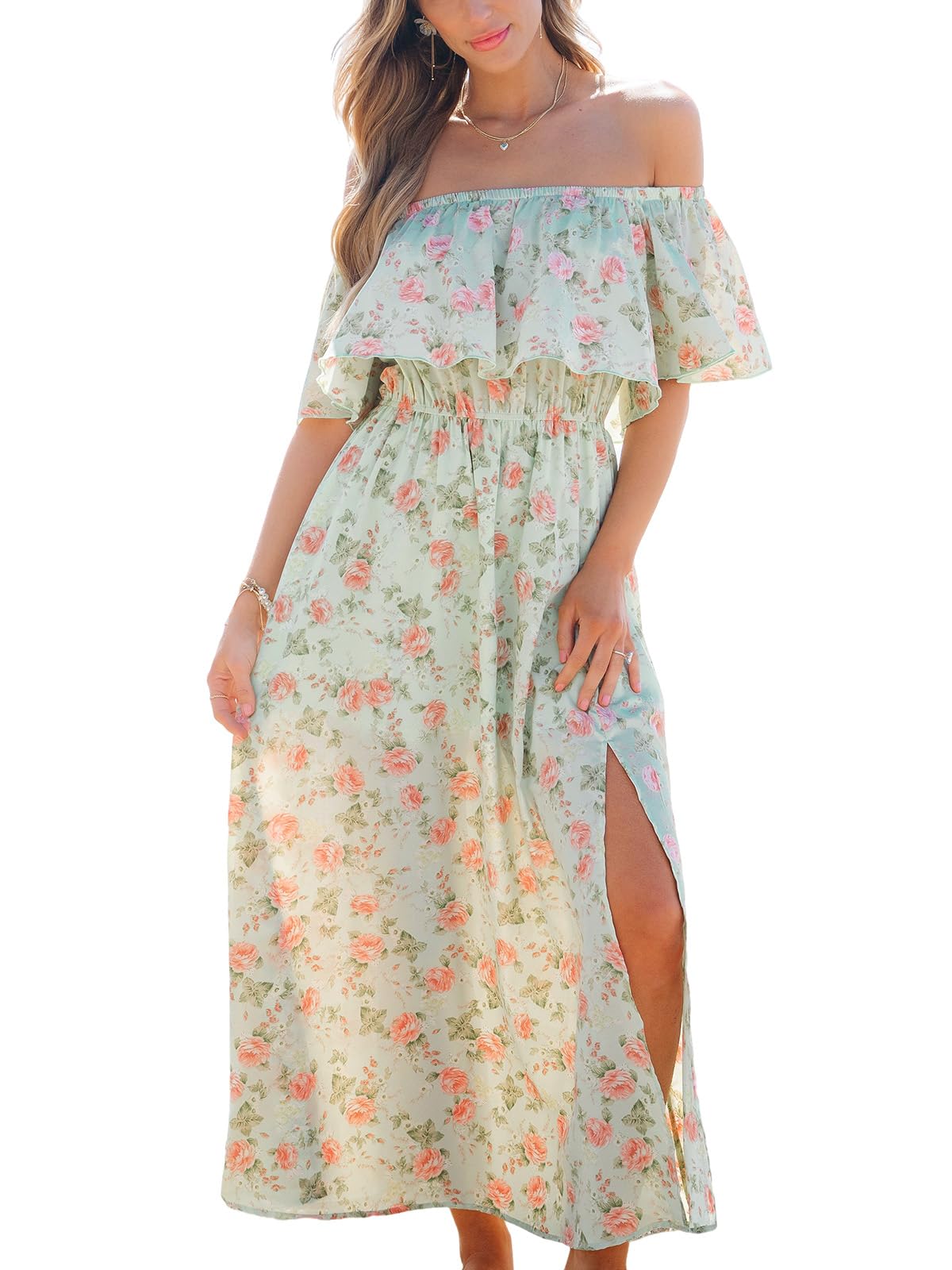 CUPSHE Womens Ruffle Floral Maxi Summer Dress Off Shoulder Beach Dress