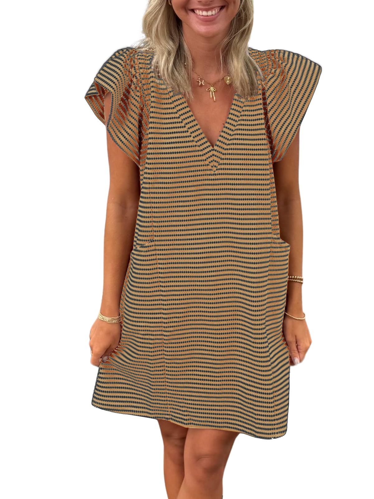 Mieazom Striped V-Neck Mini Dress for Women Puff Sleeve Casual Dress with Pockets, Comfortable & Stylish for Summer