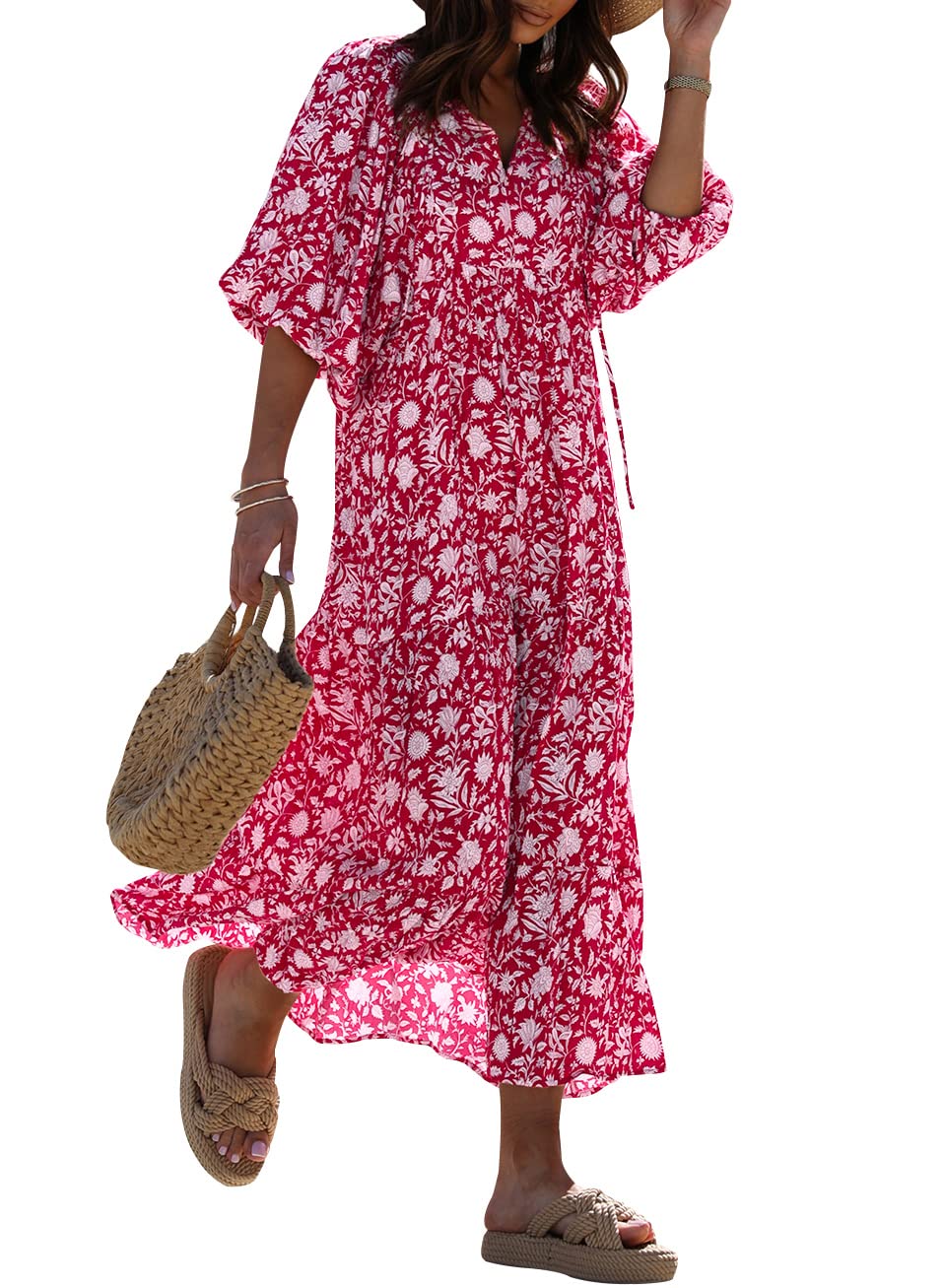 miduo Womens Casual V Neck Half Sleeve Bohemian Geometric Maxi Long Dresses