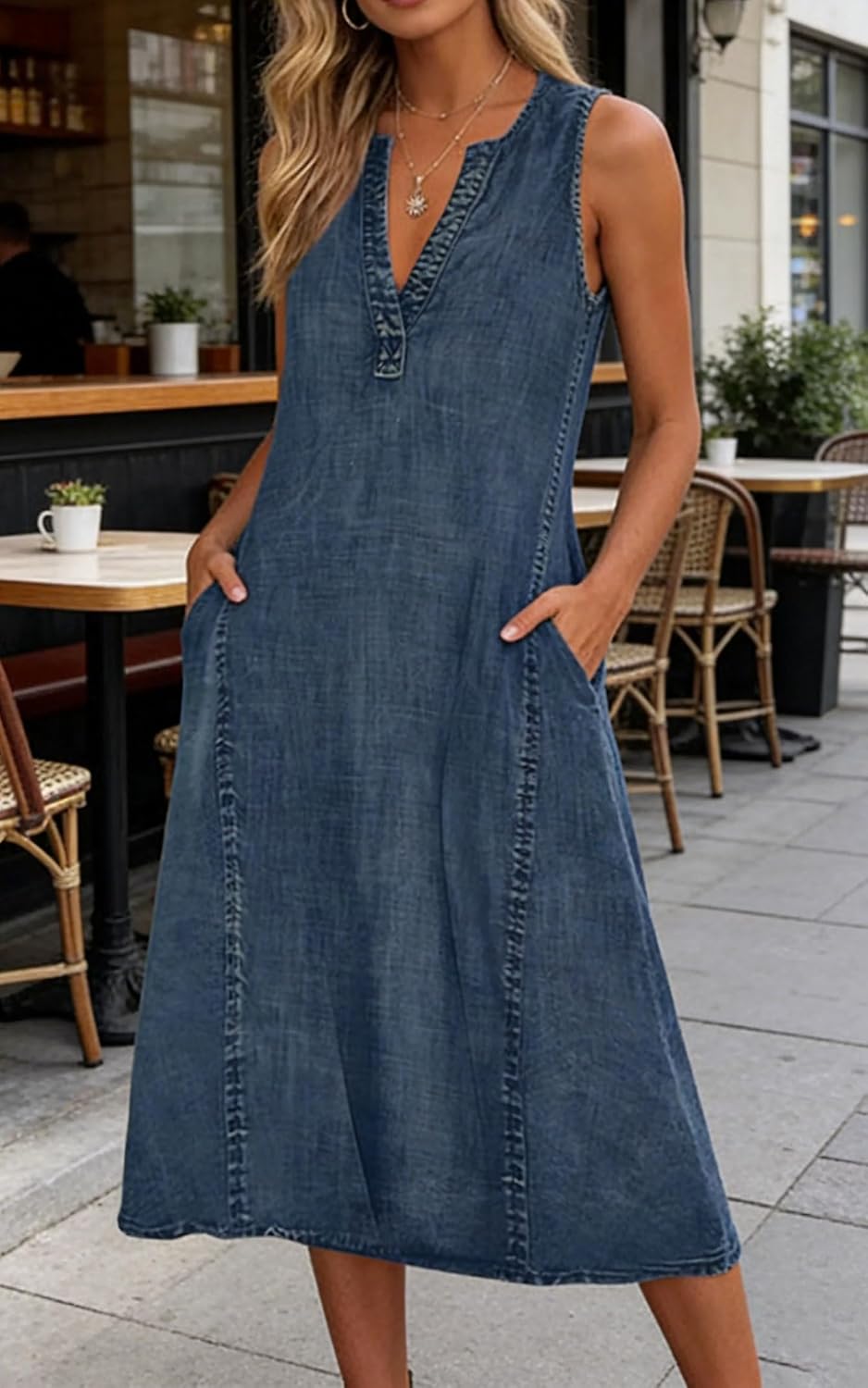 CHARTOU Women Casual Sleeveless Denim Midi Dress A Line Summer