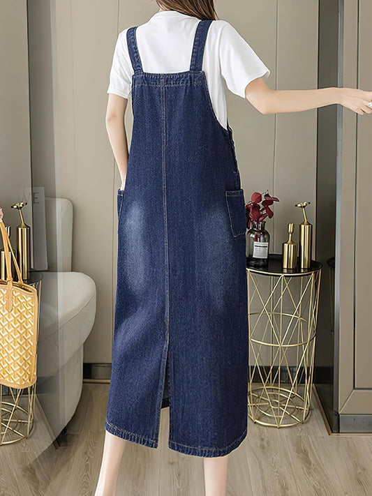 ebossy Women's Patchwork Denim Bib Overall Casual Button Jean Maxi Long Pinafore Dress With Pocket