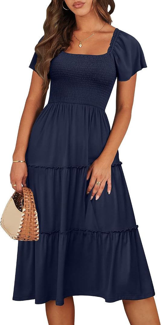 ANRABESS Women Summer Casual Square Neck Flutter Sleeve Boho Smocked A-Line Flowy Tiered Modest Midi Sun Dress with Pockets