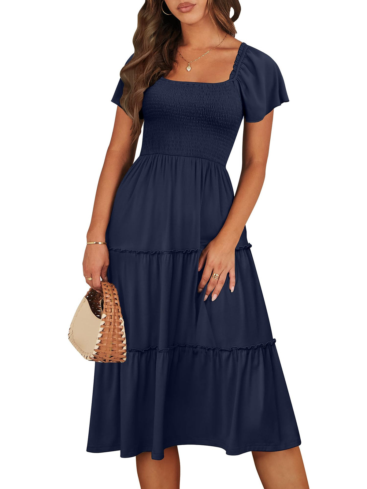 ANRABESS Women Summer Casual Square Neck Flutter Sleeve Boho Smocked A-Line Flowy Tiered Modest Midi Sun Dress with Pockets