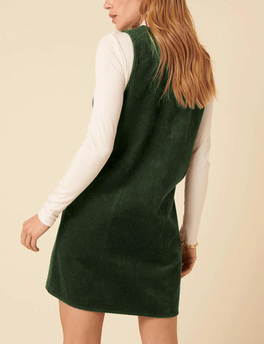 Hooever Women Corduroy Overall Dress V Neck A Line Skirtall Jumper Mini Dress Pinafore with Pockets