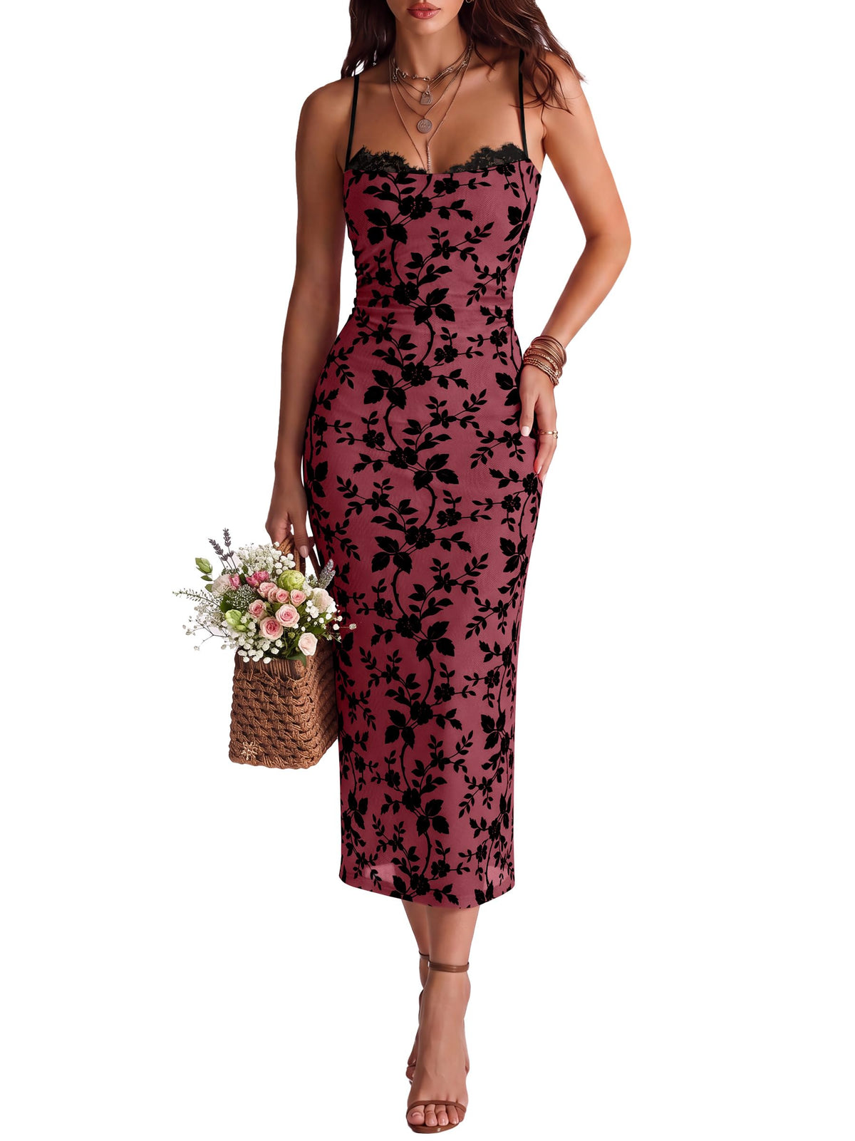 ANRABESS Women's Semi Formal Bodycon Floral Midi Dresses