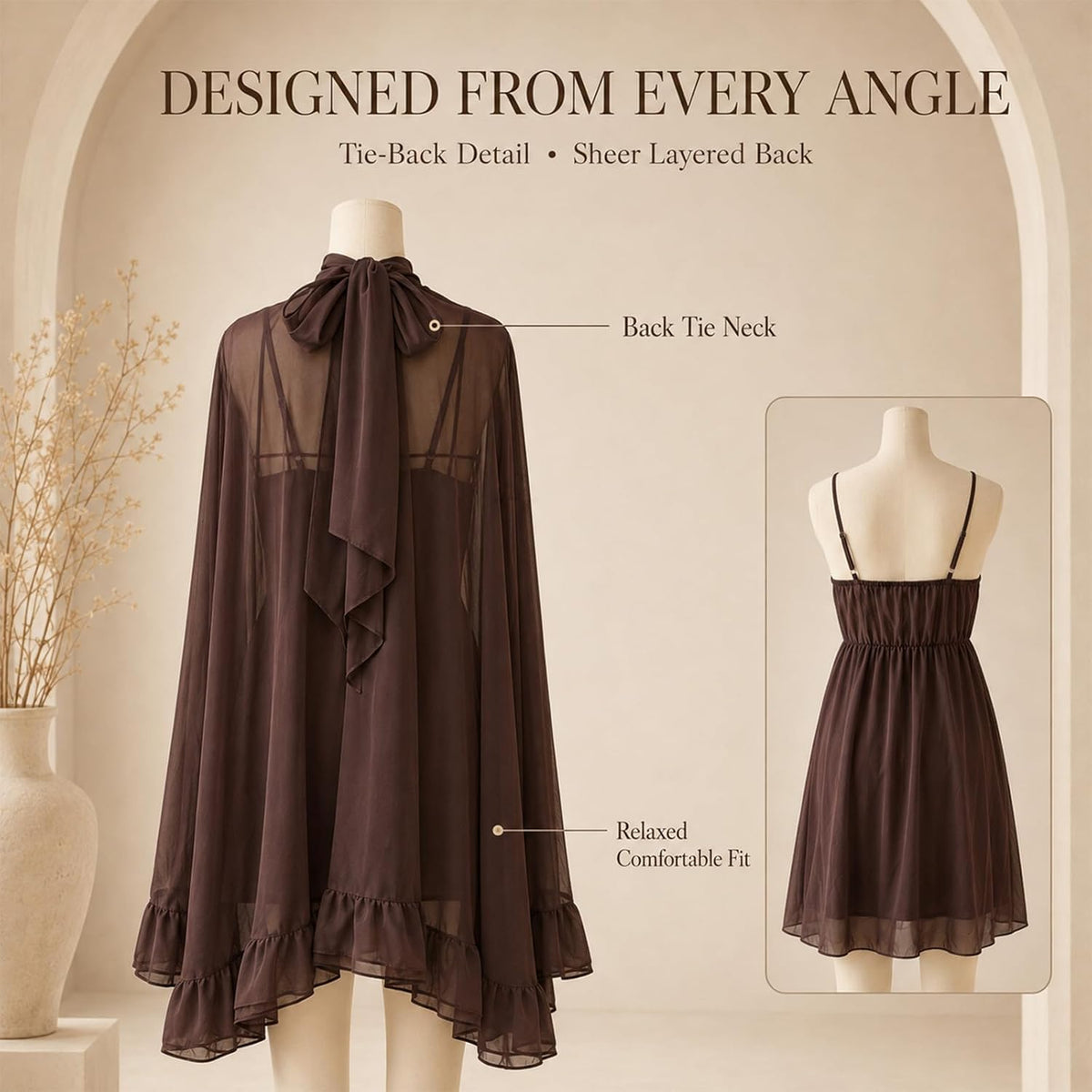 Women’s Semi Sheer Chiffon Ruffle Dress with Outer Cape, Poncho Sleeve Flowy Mini Dress, Loose Fit Elegant Summer Dress