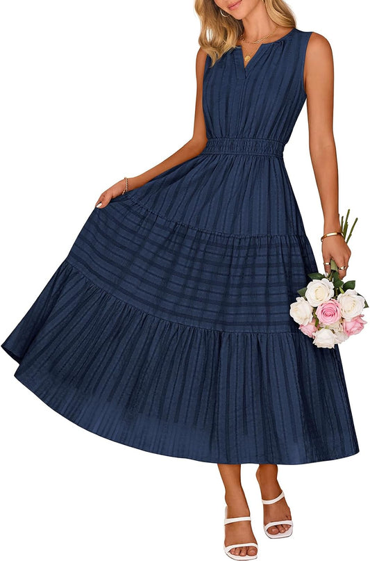 MEROKEETY Summer Casual Sleeveless V Neck Midi Maxi Cotton Dress Women 2026