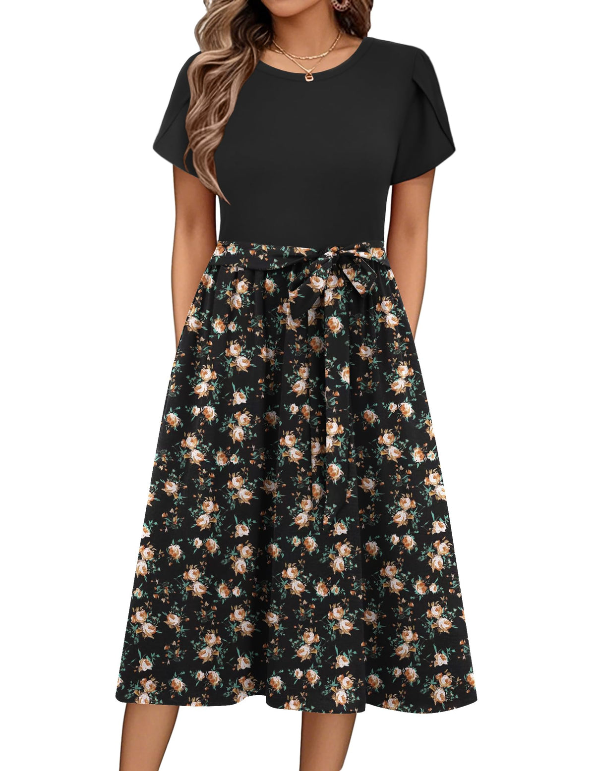 Zeagoo Womens Midi Dress Summer Short Sleeve Dress with Pockets 2025 Casual Floral T-Shirt Dress Flowy Beach Sundress