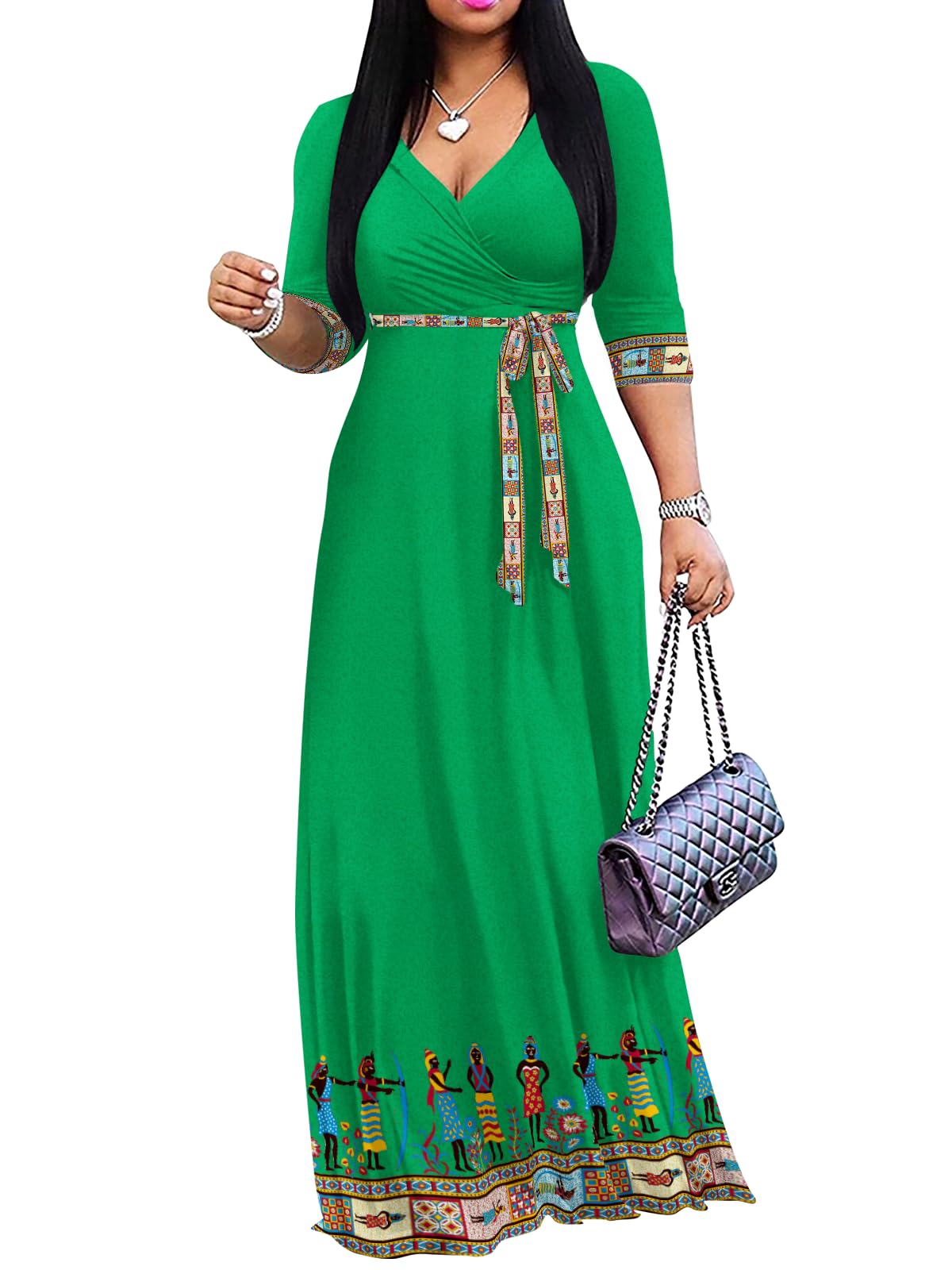 Yajedo Womens Casual Summer Maxi Dress Plus Size Sexy Wrap V Neck 3/4 Sleeve Sundress with Pockets
