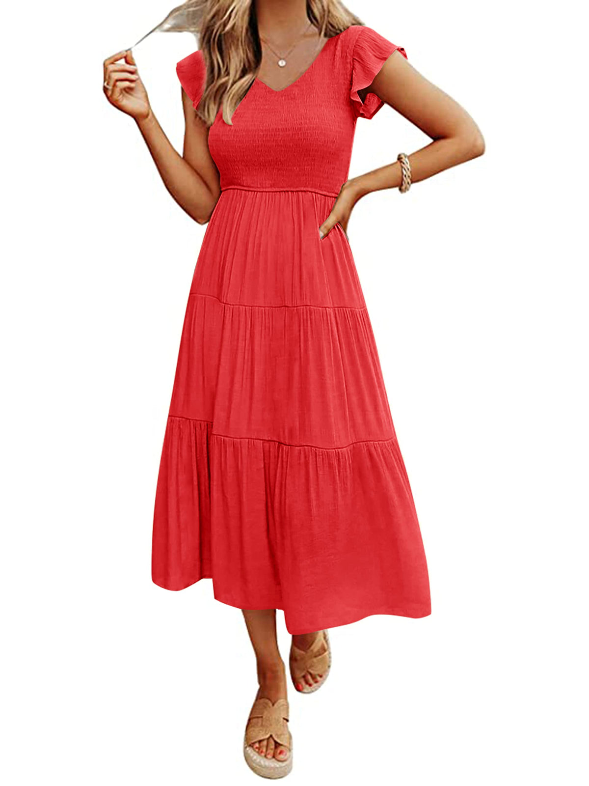 MEROKEETY Women's Summer 2026 Flutter Sleeve Smocked Casual Midi Dress