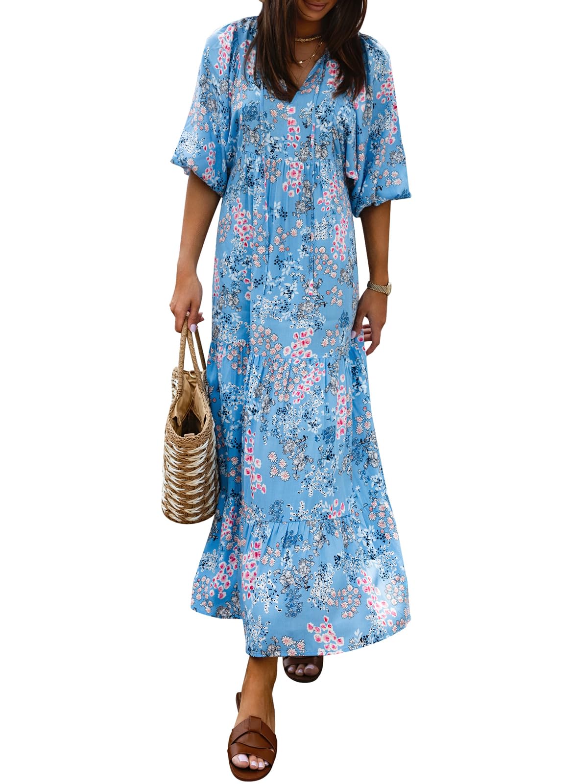 miduo Womens Casual V Neck Half Sleeve Bohemian Geometric Maxi Long Dresses