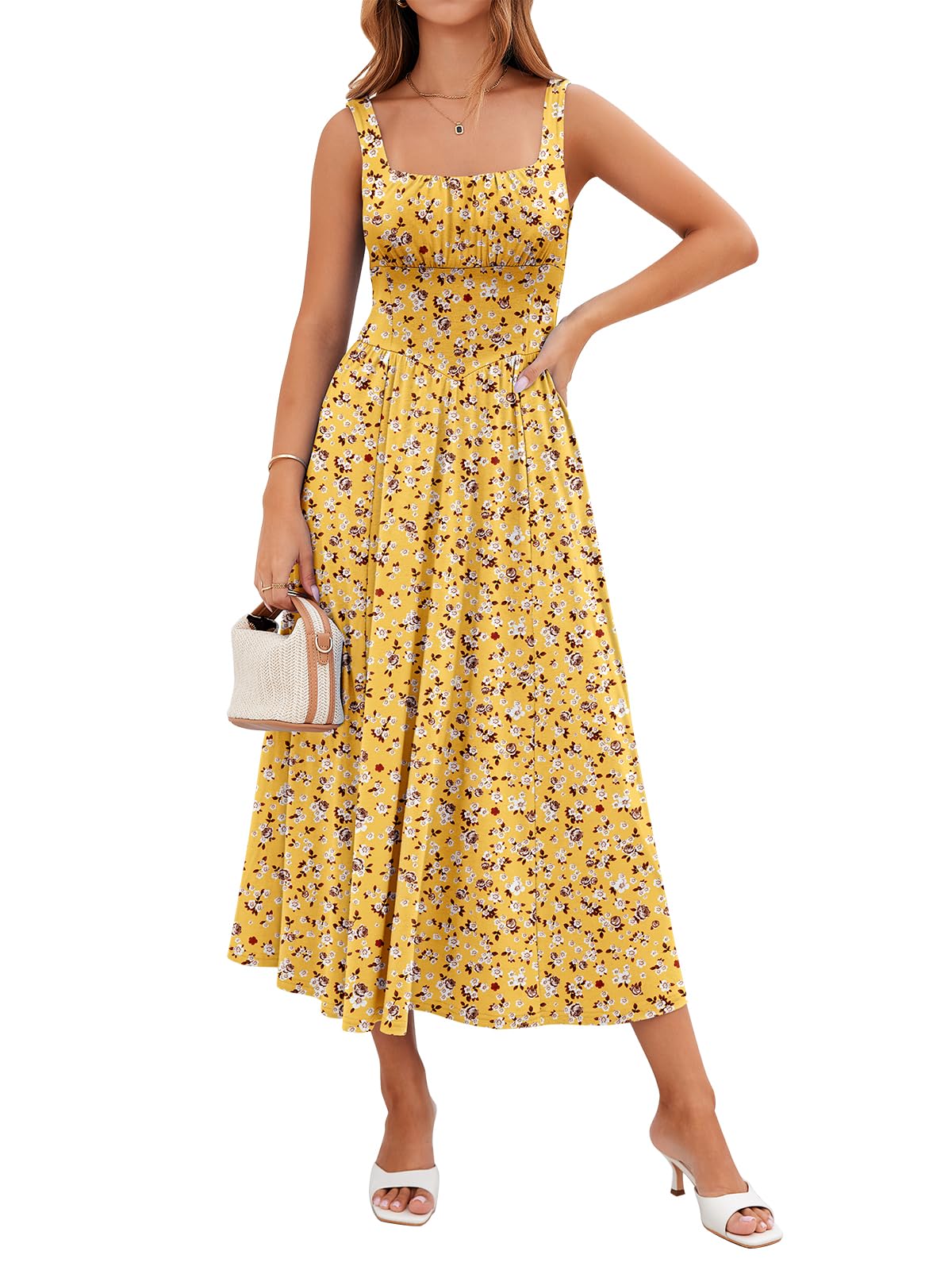 YIOYOLA Womens Casual Summer Dress with Pockets | Sleeveless Square Neck Flowy A-Line Midi Sundress for Beach & Wedding Guest